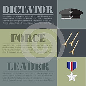 Flat military dictator set design concept. Vector illustration infographic