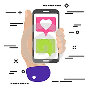 flat minimal hand holding mobile phone with chat message notifications and pink heart like social media icon. Arm with smartphone