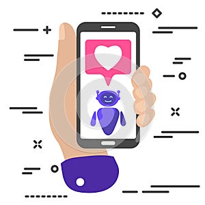 flat minimal hand holding mobile phone with chat robot bot and pink heart like social media icon on white background. Pink bubble