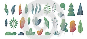 Flat minimal leaves. Fantasy colors gradation, leaves bushes and trees design templates, nature gradient plants. Vector