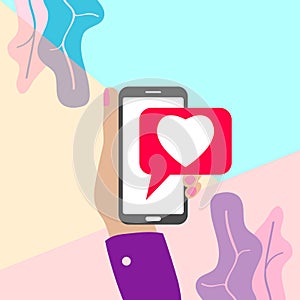 flat minimal woman hand holding mobile phone ith pink heart like social media icon with shadow on pastel colored blue and pink