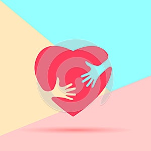 Flat minimalism art design graphic image of Embrace Heart Shape with hands Logo design template icon on pastel colored pink and