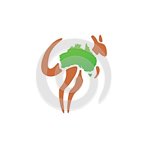Flat minimalist Kangaroo logo with australia continent as its body, green and brown