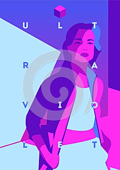 Fashion portrait of a model girl and neon light. Ultraviolet trendy colors poster or flyer. photo