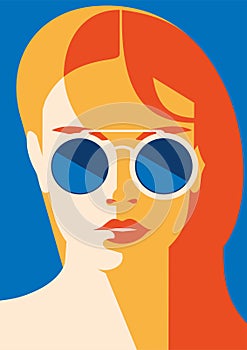 Fashion portrait of a model girl with sunglasses. Retro trendy colors poster or flyer. photo