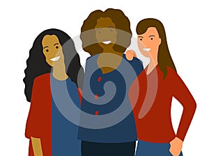 Flat minimalistic vector of woman group: different ethnicity- Caucasian, African, Asian. Diversity concept for 8