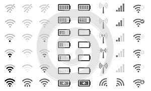 Flat Mobile phone system icons WiFi signal strength, battery charge level and symbol sign remote access and