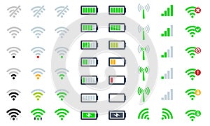 Flat Mobile phone system icons WiFi signal strength, battery charge level and symbol sign remote access and