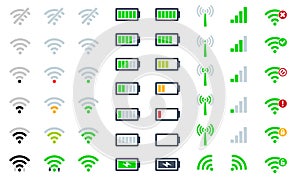 Flat Mobile phone system icons WiFi signal strength, battery charge level and symbol sign remote access and photo