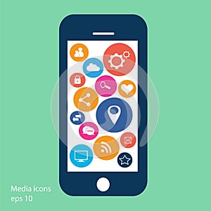 Flat mobile phone vector with social media icons