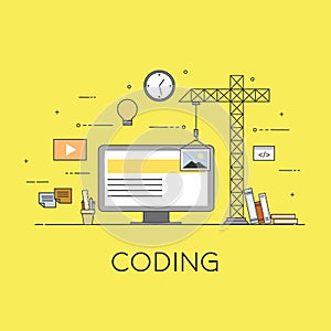 Flat mobile UI UX design web infographic concept vector. Crane creating interface on screen. User interface experience