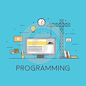 Flat mobile UI UX design web infographic concept vector. Crane creating interface on screen. User interface experience