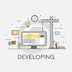 Flat mobile UI UX design web infographic concept vector. Crane creating interface on screen. User interface experience