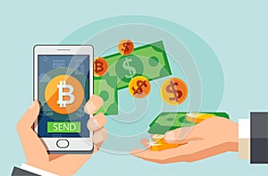 Flat modern design concept of cryptocurrency technology, bitcoin exchange, mobile banking. Hand holding smartphone with bitcoin an