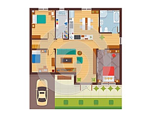 Flat Modern Family House Interior And Room Spaces Floor Plan From Top View Illustration