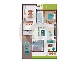 Flat Modern Family House Interior And Room Spaces Floor Plan From Top View Illustration