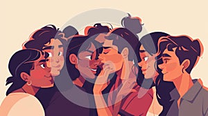 Flat modern illustration of characters gossiping, whispering, slandering, leaking secrets, rumors, confidential