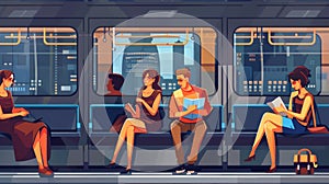 Flat modern illustration of commuters in the subway. Commuting passengers chatting, reading books, standing in the metro