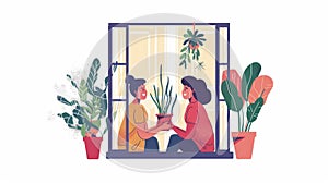 A flat modern illustration of neighbors communicating through a window. Happy neighbour-friend relationships. A flat
