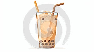 This flat modern illustration shows a boba milk tea, bubble pearl drink in a glass with a straw. Thai taro bubbletea