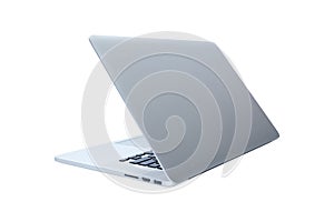 Flat modern laptop isolated on white background. Side angle view. Computer device mockup. Copy space