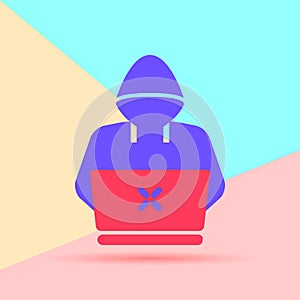 flat modern minimal hacker or coder icon with shadow on blue and pink pastel colored background