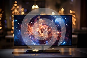 A flat modern TV screen, computer with a fashionable screensaver stands on the table in the room in the evening