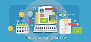 Flat modern vector concept Social media strategy banner with icons and text.