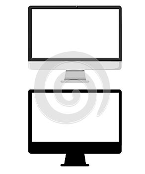 Flat monoblock illustration and black silhouette. AiO PC. LCD display. Vector illustration isolated on white background