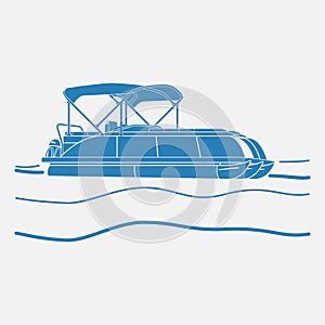 Flat Monochrome Semi-Oblique Side View Pontoon Boat Vector Illustration