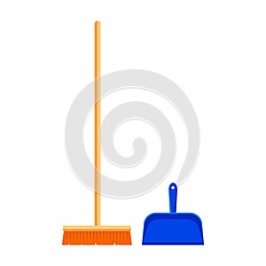 Flat mop and scoop icon logo isolated on white background. Floor clean object, household equipment tool. Cleaning