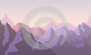 Flat mountain landscape illustration. vector horizontal nature background with hills and peaks at sunset or sunrise