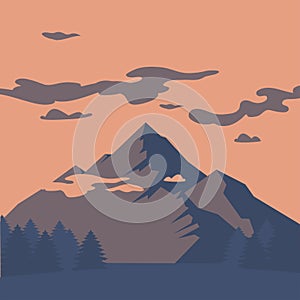 Flat Mountain landscape silhouette. Camping travel climbing icon, hiking, trakking and geology trip nature element