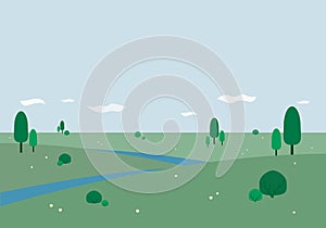 Flat natural green field landscape view and blue sky background illustration. Summer green fields view, spring lawn hill and blue