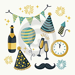 Flat new years eve elements set Vector illustration.