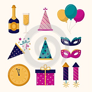 Flat new years eve elements set Vector illustration.