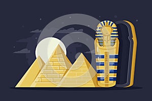 Flat night ancient Egypt with pyramids, moon and Pharaoh s sarcophagus.