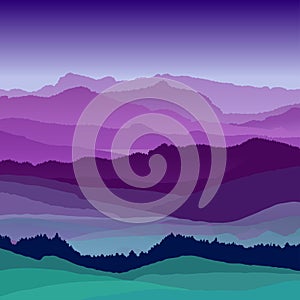 Flat night landscape illustration. Beautiful hills, vector design