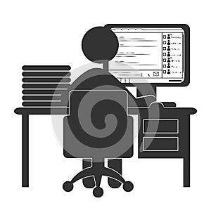 Flat office computer icon with chat isolated on white