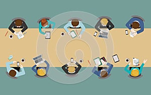 Flat office table top view: meetings, report, brainstorm, staff