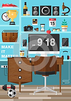 Flat office workspace, workplace