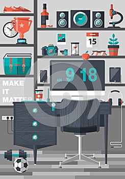 Flat office workspace, workplace