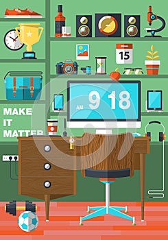 Flat office workspace, workplace