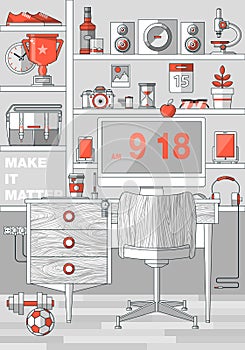 Flat office workspace, workplace