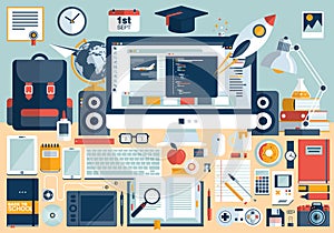 Flat office workspace, workplace