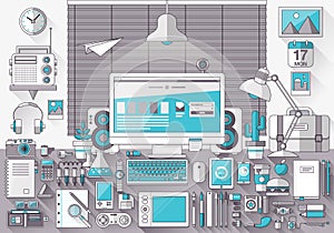 Flat office workspace, workplace