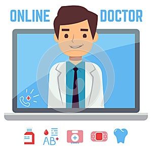 Flat online doctor, internet computer health service, medical consultation vector concept