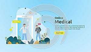 Flat online medical advice or health care service. Call doctor support concept with people character. template for web landing