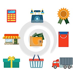 Flat online shopping delivery web app icon: cart wallet