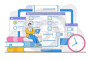 Flat online testing with people characters concept. Outline design style minimal vector illustration for landing page, web banner